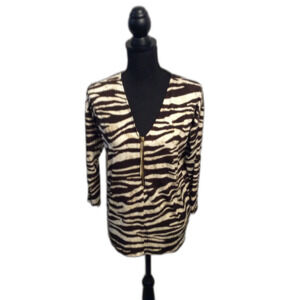 Michael Kors Medium M Animal Print Zip Front V Neck Top Womens